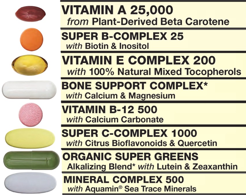 Vitamin Packet includes Vitamin A, B Complex, Vitamin E Complex, Bone Support Complex, Vitamin B-12, Vitamin C Complex, Organic Super Greens, Mineral Complex