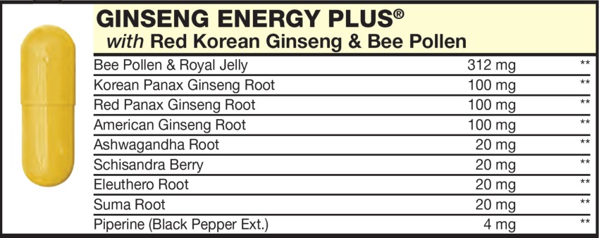 The Yellow Capsule in the Vitamin Packet contains Ginseng Energy Complex with Bee Pollen & Royal Jelly, Red Korean Ginseng, Bee Pollen, Korean Panax Ginseng Root, Red Panax Ginseng Root, American Ginseng Root, Ashwagandha Root, Schisandra Berry, Eleuthero Root, Suma Root, Piperine (Black Pepper Ext)