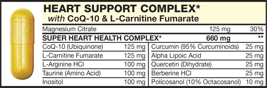 The Yellow capsule in the Vitamin Packet contains HEART SUPPORT COMPLEX with L-Arginine HCl; Taurine (Amino Acid), CoQ-10 (Ubiquinone), L-Carnitine Fumarate, Quercetin (Dihydrate), Berberine HCl, Curcumin (95% Curcuminoids), Alpha Lipoic Acid, Inositol, Policosanol (10% Octacosanol)