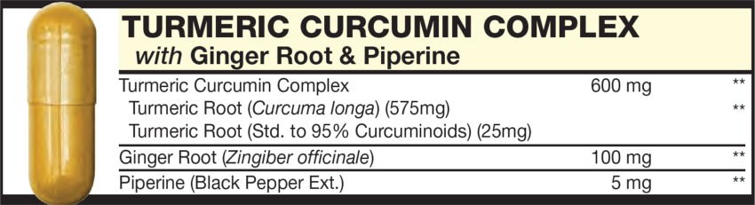 The Dark Yellow capsule in the Vitamin Packet contains TURMERIC CURCUMIN COMPLEX with Ginger Root, Piperine & Turmeric Root