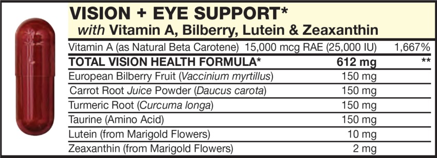 The Dark Red Capsulet in the Vitamin Packet contains VISION + EYE SUPPORT with Vitamin A (as Natural Beta Carotene), Bilberry, Lutein, & Zeaxanthin, Tumeric Root, Taurine, Carrot Root