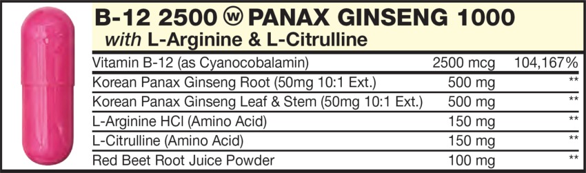 The Light Red  capsule in the Vitamin Packet contains Vitamin B-12 (as Cyanocobalamin), L-Arginine & L-Citrulline, Korean Panax Ginseng Root, Red Beet Root Juice Powder, Korean Panax Ginseng Leaf & Stem
