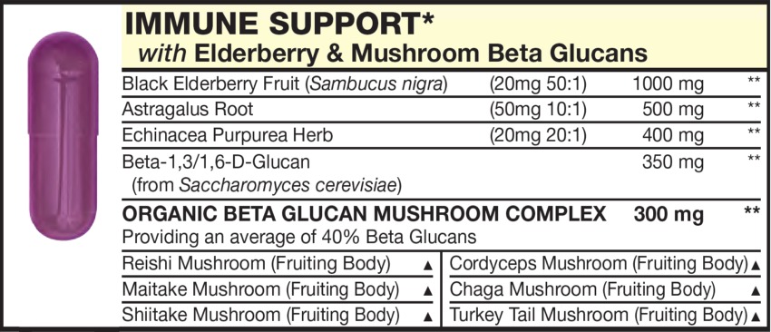 The Light Red capsule in the Vitamin Packet contains IMMUNE SUPPORT HERBS with Black Elderberry Fruit (Sambucus nigra), Astragalus Root, Echinacea Purpurea Herb, Shiitake Mushroom (Fruiting Body), Reishi Mushroom (Fruiting Body), Maitake Mushroom (Fruiting Body), Turkey Tail Mushroom (Fruiting Body), Beta-1,3/1,6-D-Glucan, Chaga Mushroom (Fruiting Body), Cordyceps Mushroom (Fruiting Body)